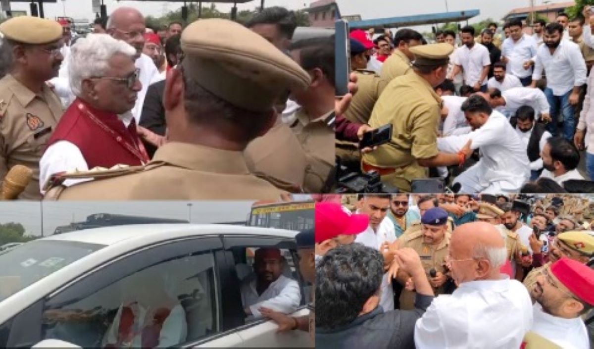 नोएडा मजदूर आंदोलन के दौरान प्रदर्शन और पुलिस की मौजूदगी का दृश्य