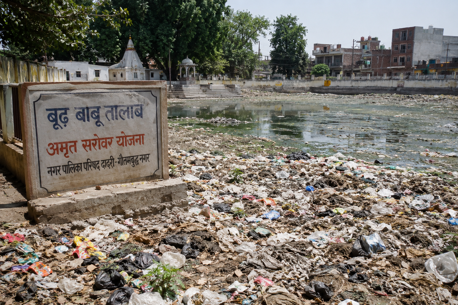 दादरी बूढ़ बाबू तालाब में फैला कचरा और बदहाल स्थिति