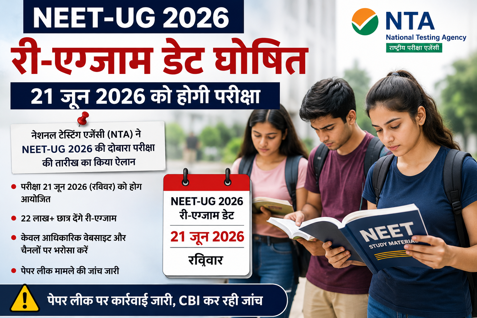 NEET री-एग्जाम डेट 2026 से जुड़ी NTA की आधिकारिक घोषणा