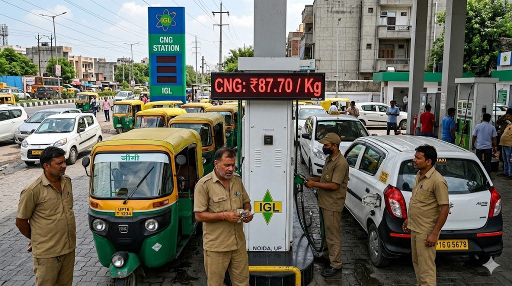 दिल्ली CNG कीमत बढ़ने के बाद पेट्रोल पंप पर लगी वाहनों की लंबी लाइन