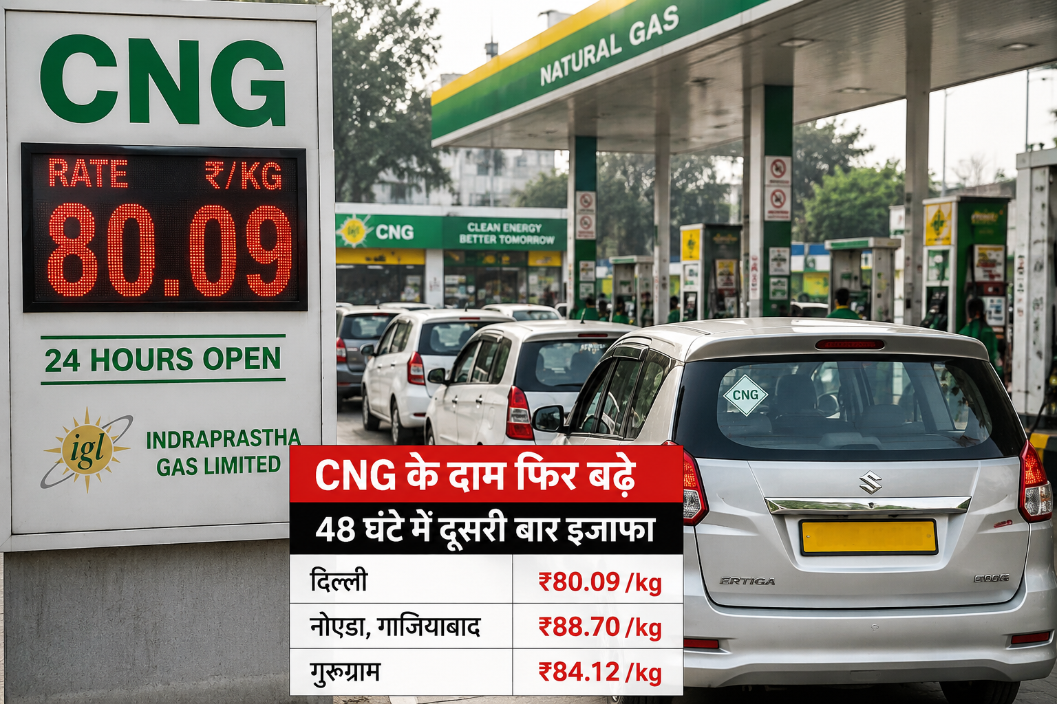दिल्ली CNG के बढ़े दाम के बाद CNG स्टेशन पर लगी वाहनों की लाइन