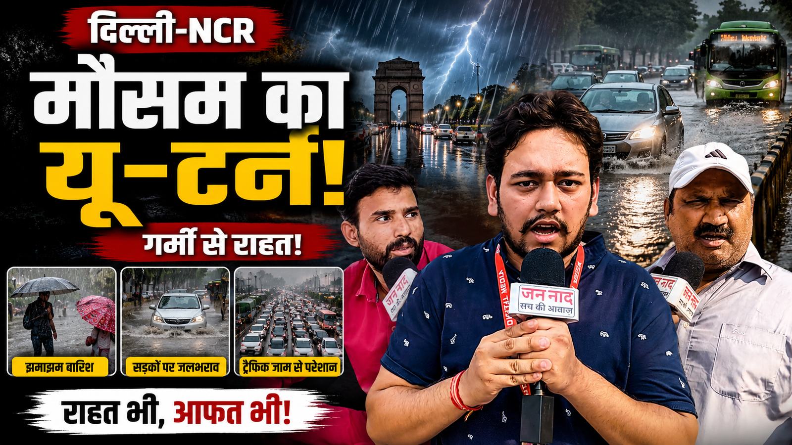 दिल्ली-NCR मौसम बदलाव बारिश जलभराव और ट्रैफिक जाम दृश्य