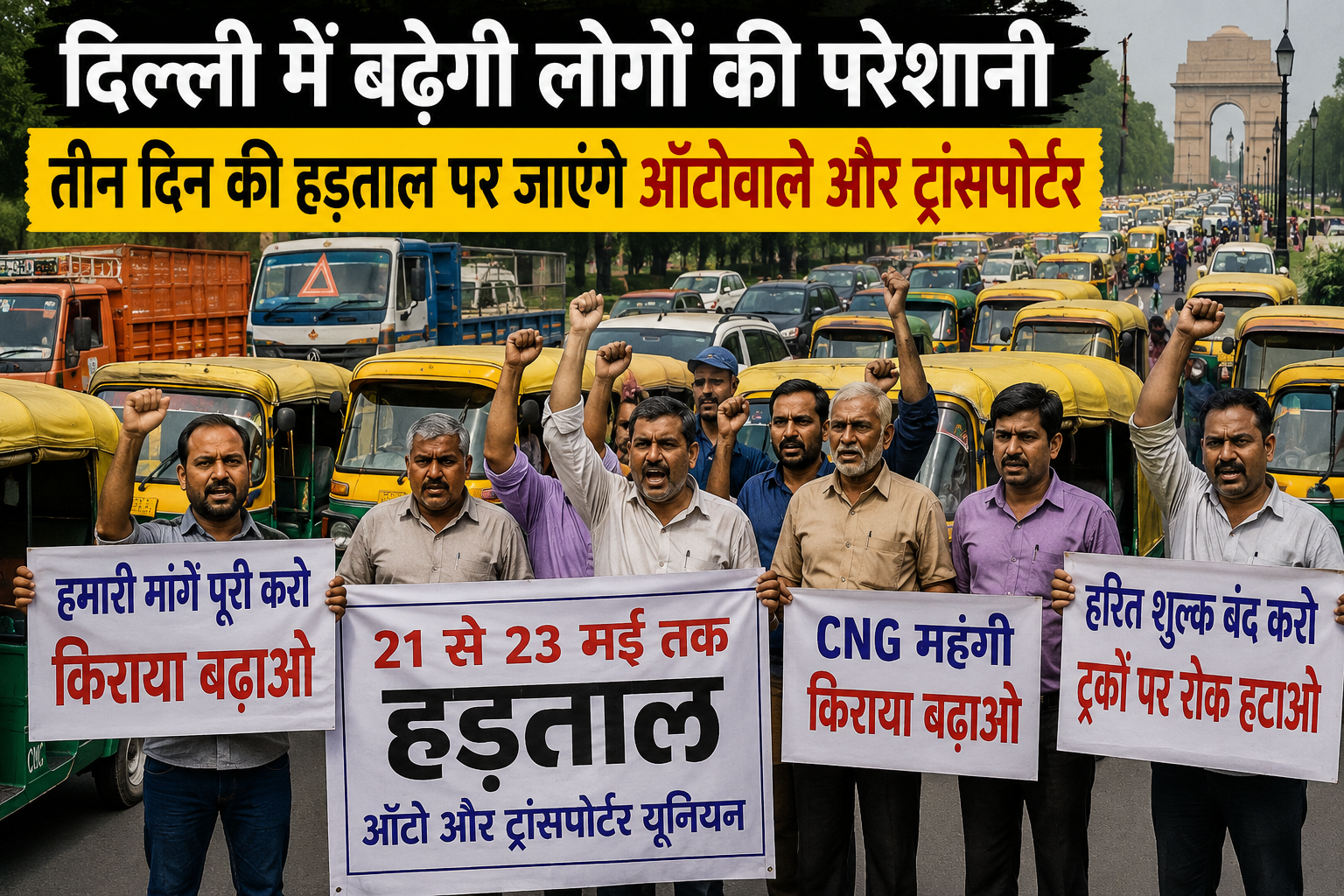 दिल्ली ऑटो हड़ताल के दौरान सड़क पर खड़े ऑटो और ट्रांसपोर्ट वाहन