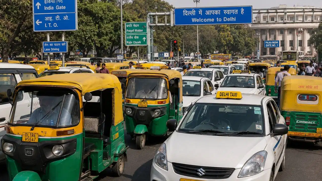 दिल्ली टैक्सी हड़ताल के दौरान प्रदर्शन करते टैक्सी ड्राइवर