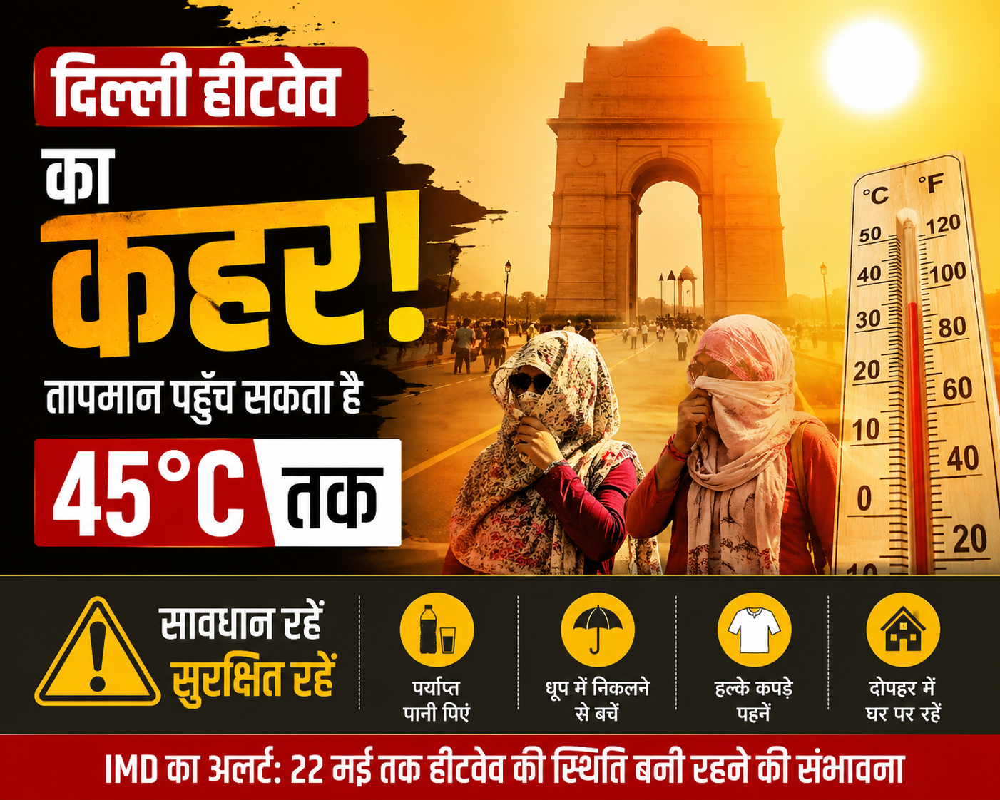 दिल्ली हीटवेव के दौरान तेज धूप और 45 डिग्री तापमान का दृश्य