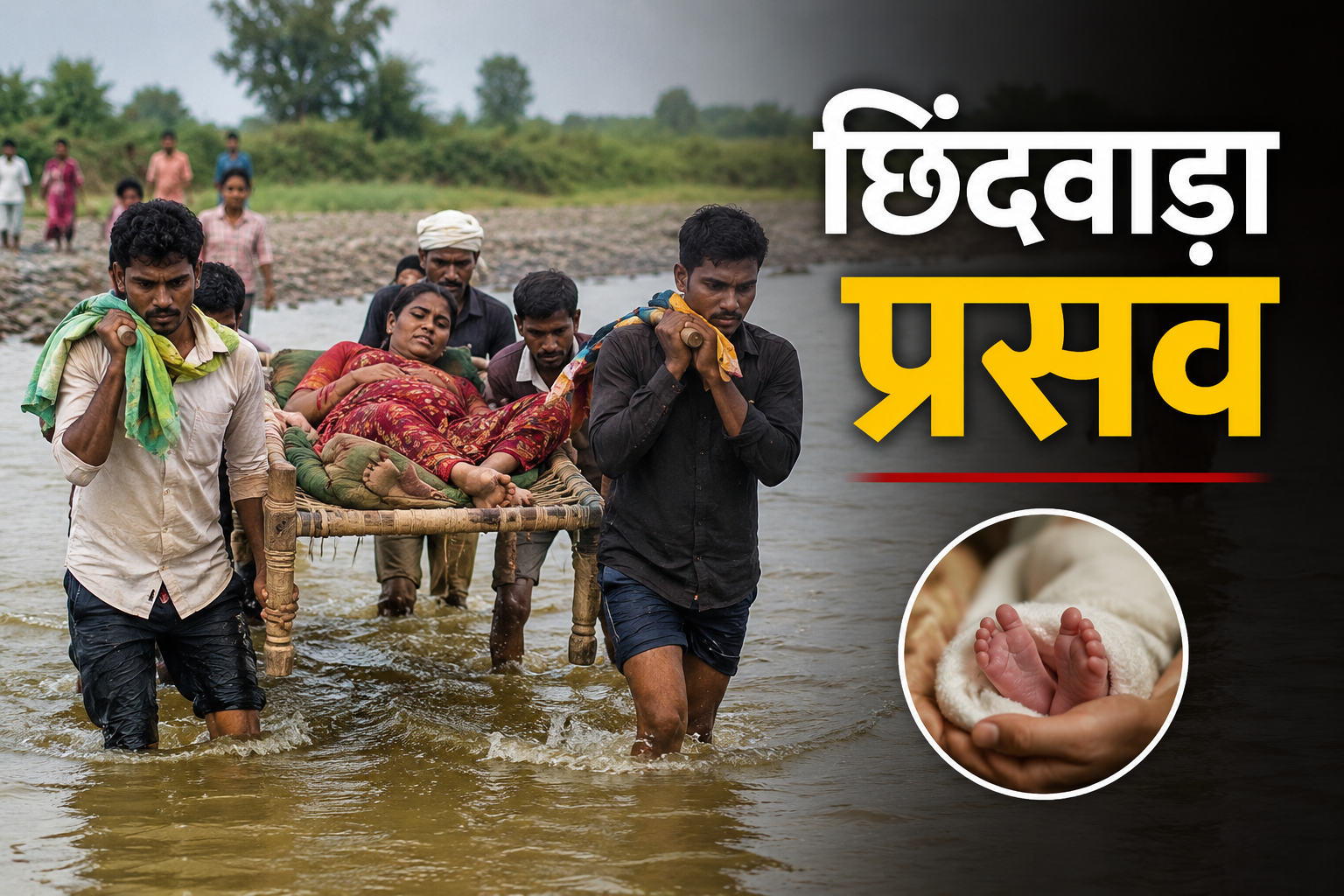 छिंदवाड़ा प्रसव: नदी पार करते समय चारपाई पर गर्भवती महिला, ग्रामीण मदद करते हुए