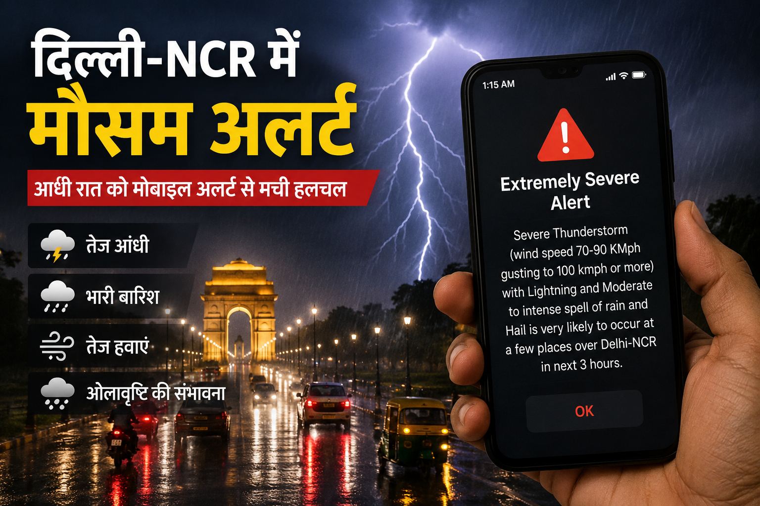 दिल्ली मौसम अलर्ट के दौरान मोबाइल पर आया अत्यधिक गंभीर मौसम चेतावनी संदेश