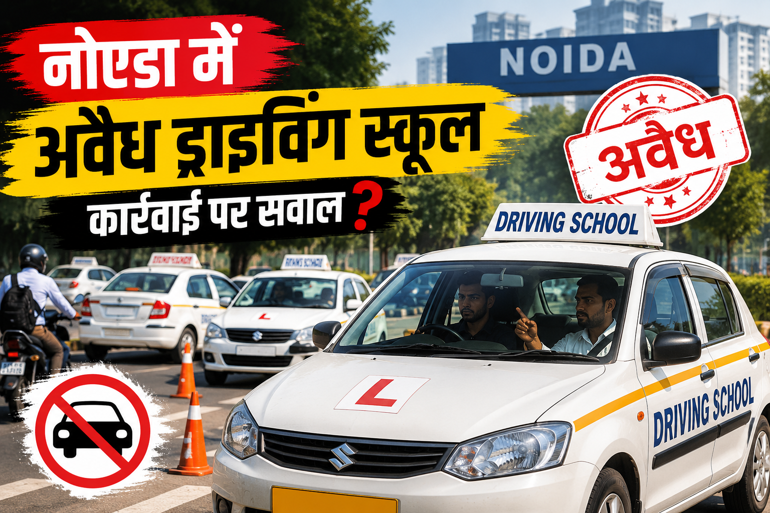 नोएडा अवैध ड्राइविंग स्कूल की प्रशिक्षण गाड़ियां सड़क पर संचालित होती हुई