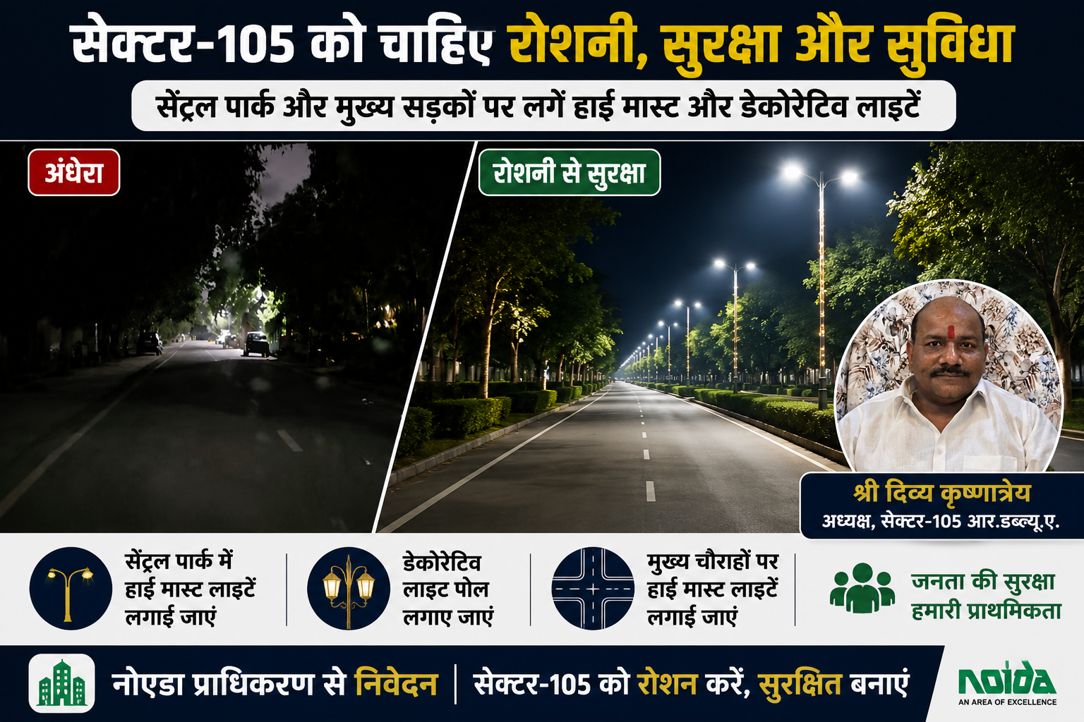 सेक्टर 105 रोशनी की मांग को लेकर अंधेरे में डूबी सड़क और सेंट्रल पार्क का दृश्य