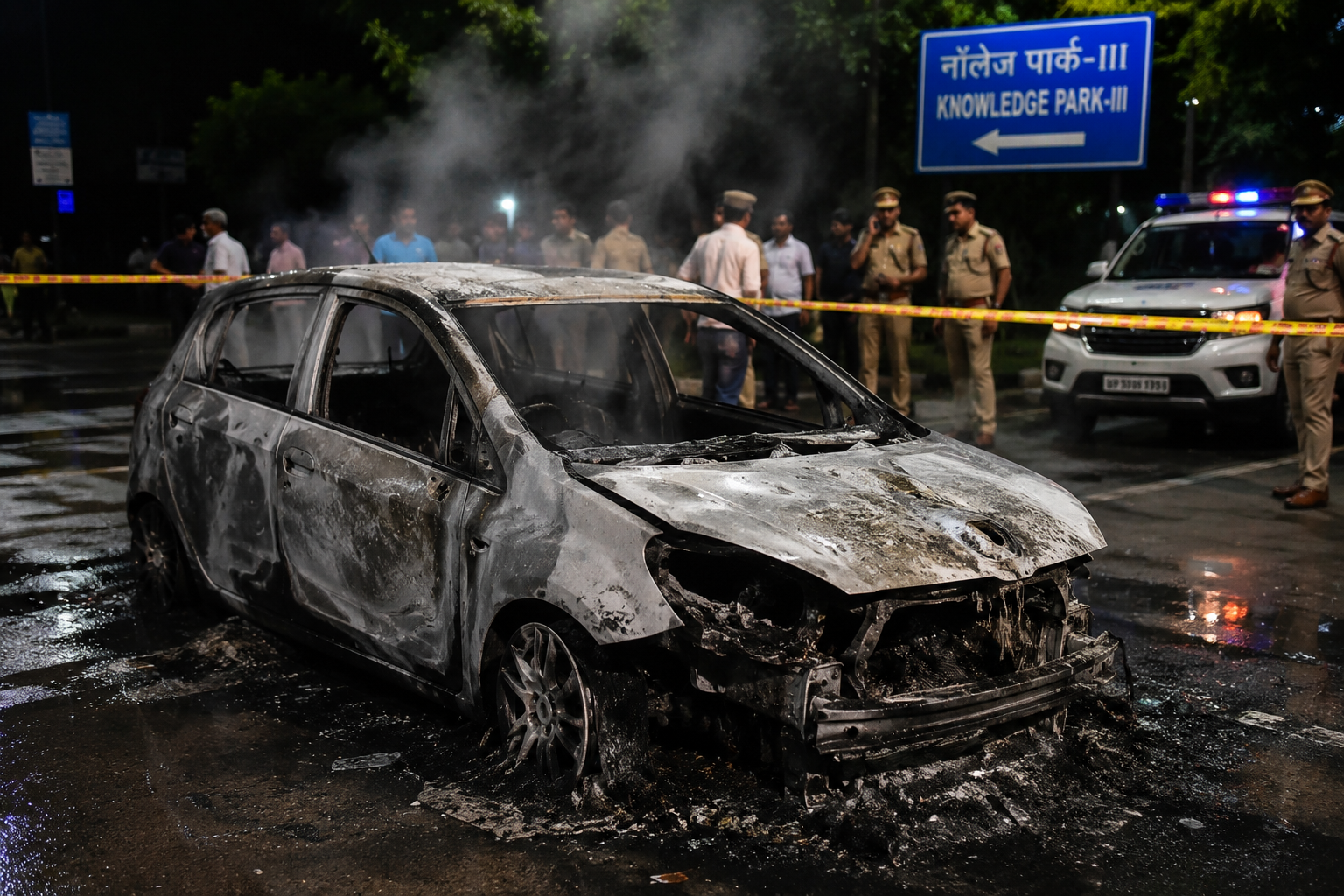 ग्रेटर नोएडा कार आग मामले में नॉलेज पार्क क्षेत्र में जली हुई कार का दृश्य