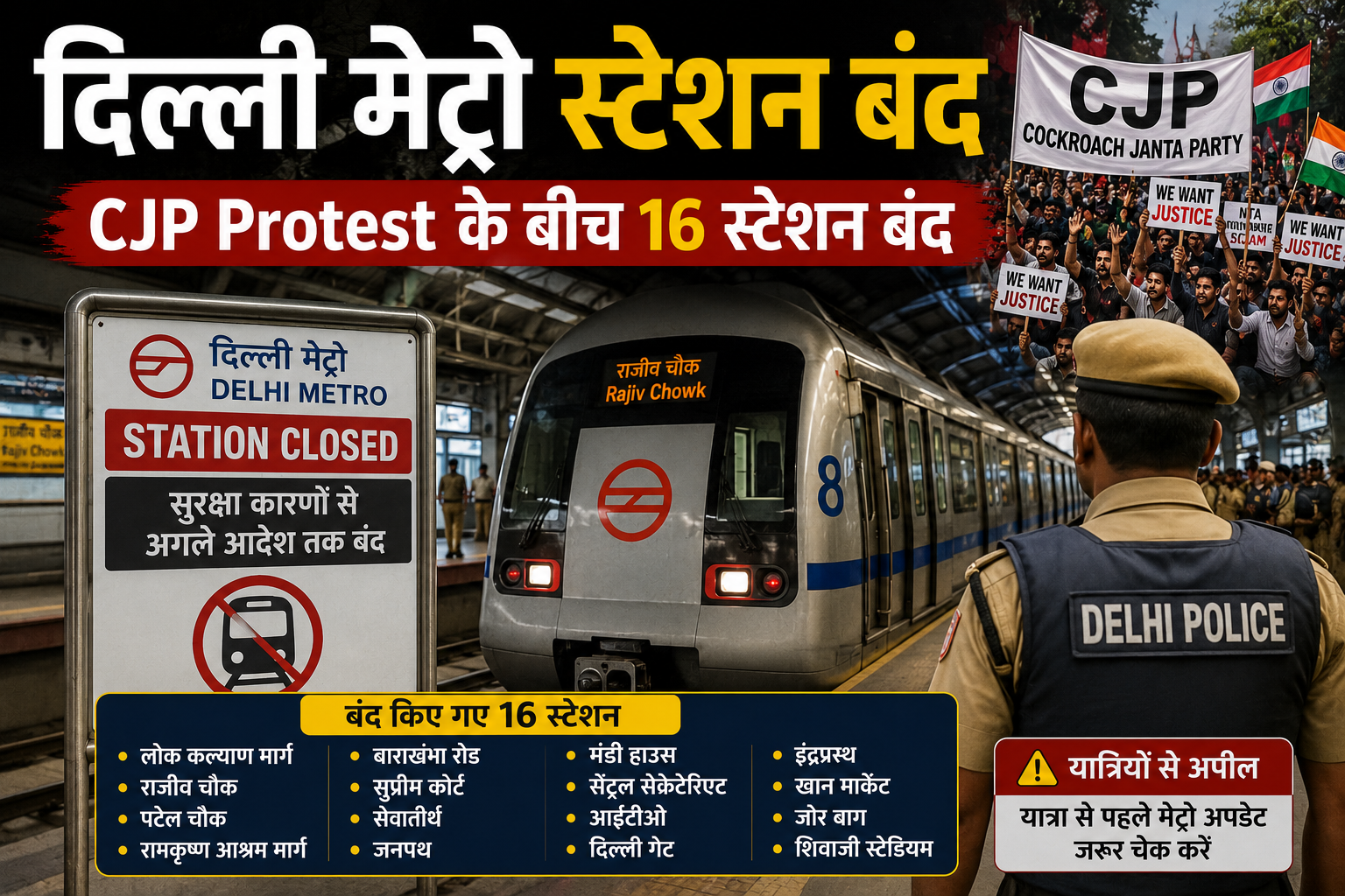 दिल्ली मेट्रो स्टेशन बंद, CJP Protest के बीच 16 मेट्रो स्टेशन बंद होने का दृश्य