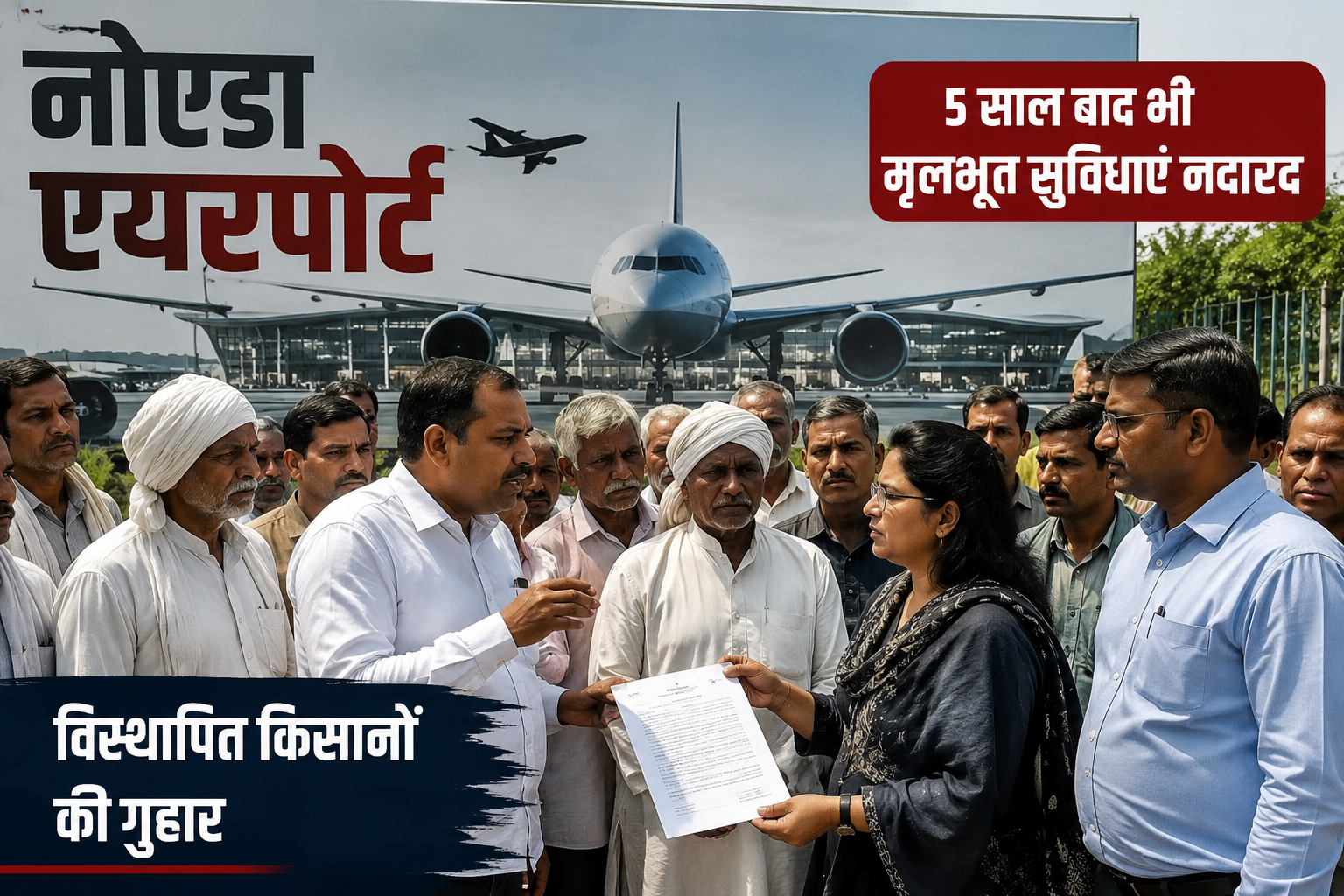 नोएडा एयरपोर्ट विस्थापित किसान मूलभूत सुविधाओं की मांग करते हुए