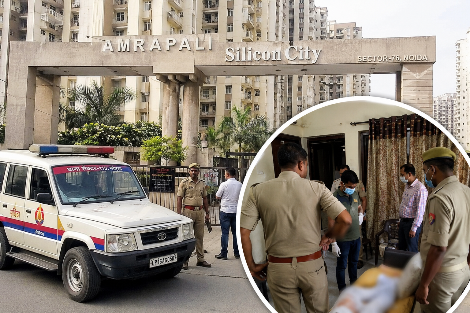 नोएडा बुजुर्ग मौत: सेक्टर 76 की सोसायटी में फ्लैट से बुजुर्ग का शव मिलने के बाद जांच करती पुलिस