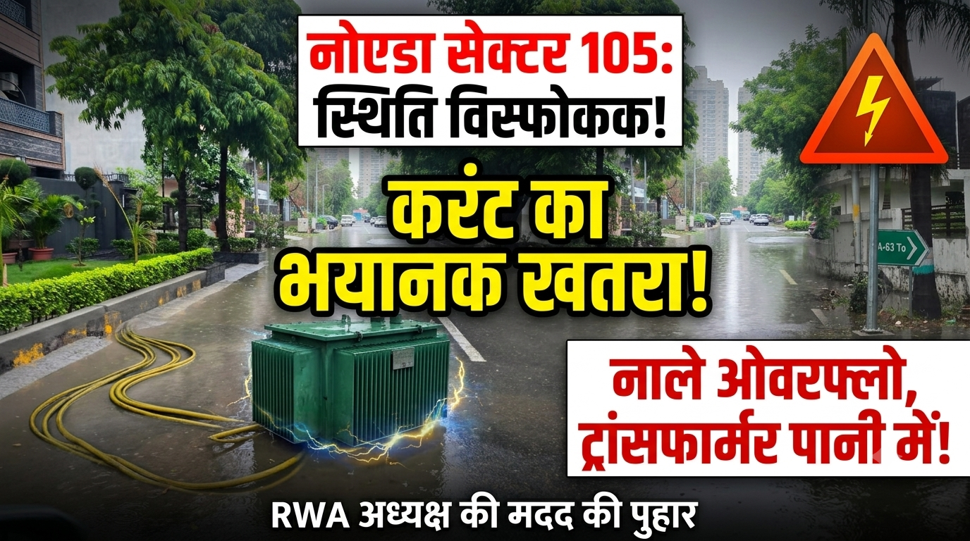 नोएडा सेक्टर 105 जलभराव के बीच ओवरफ्लो नाला और पानी से घिरे बिजली ट्रांसफार्मर