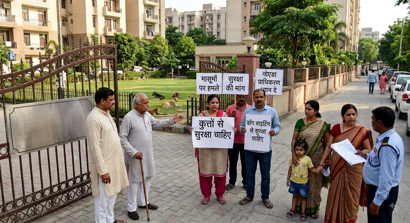 ग्रीन्स-2 सोसाइटी में डॉगबाइट के बाद आवारा कुत्तों का निरीक्षण करते निवासी