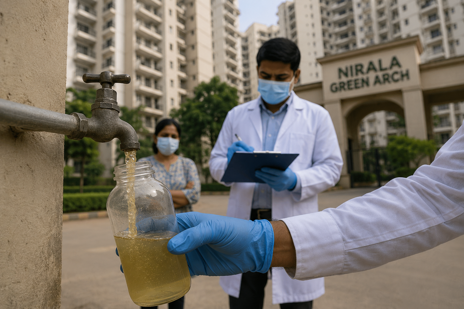 ग्रेटर नोएडा जल संकट के बीच निराला ग्रीन आर्क सोसायटी में दूषित पानी की जांच करते अधिकारी