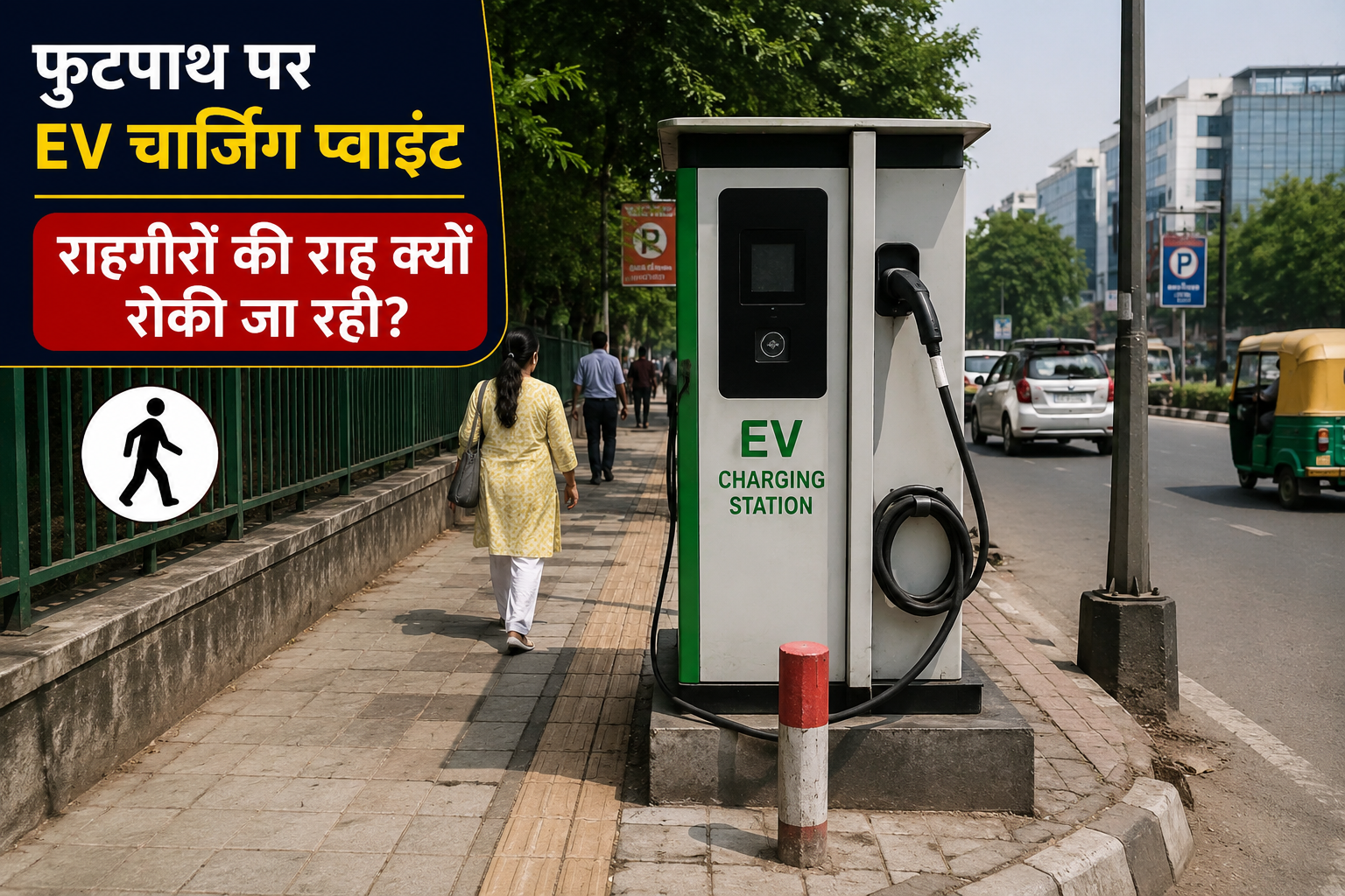 नोएडा फुटपाथ पर EV चार्जिंग प्वाइंट से राहगीरों को परेशानी