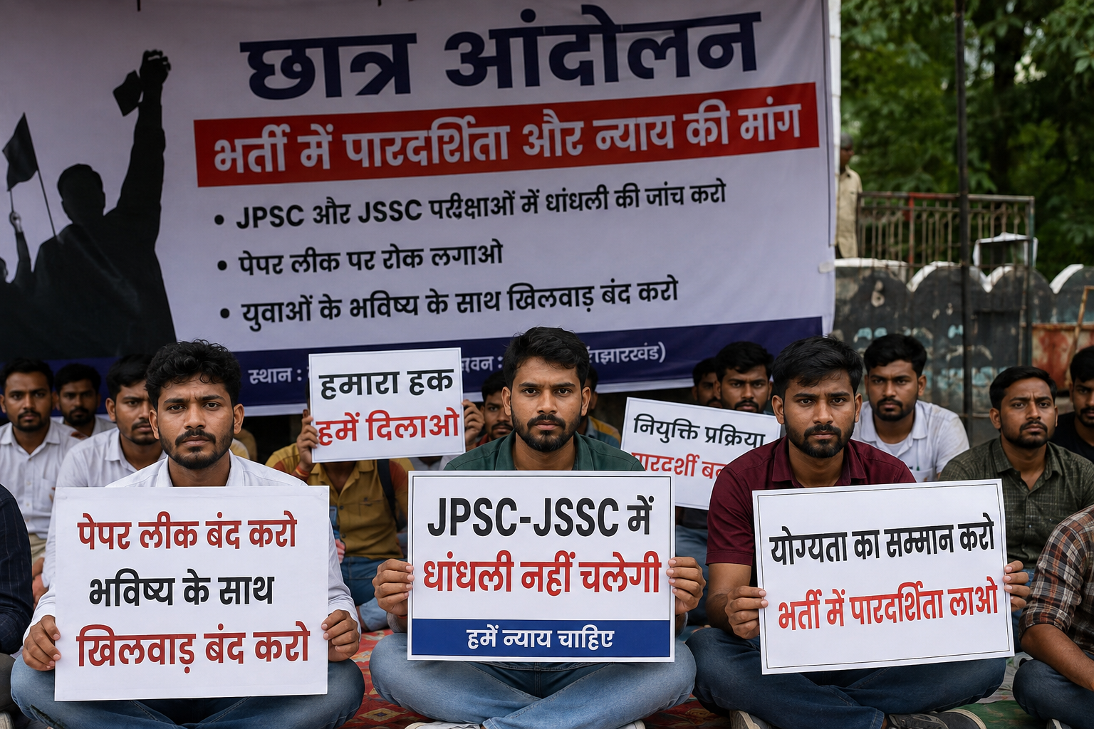 रांची छात्र आंदोलन में JPSC और JSSC भर्ती गड़बड़ी के खिलाफ प्रदर्शन करते अभ्यर्थी