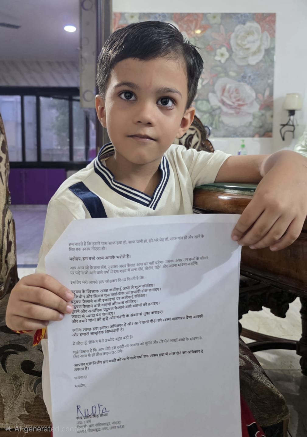 नोएडा प्रदूषण के खिलाफ पांच वर्षीय रूद्र प्रताप सिंह तोमर की साफ हवा की मांग